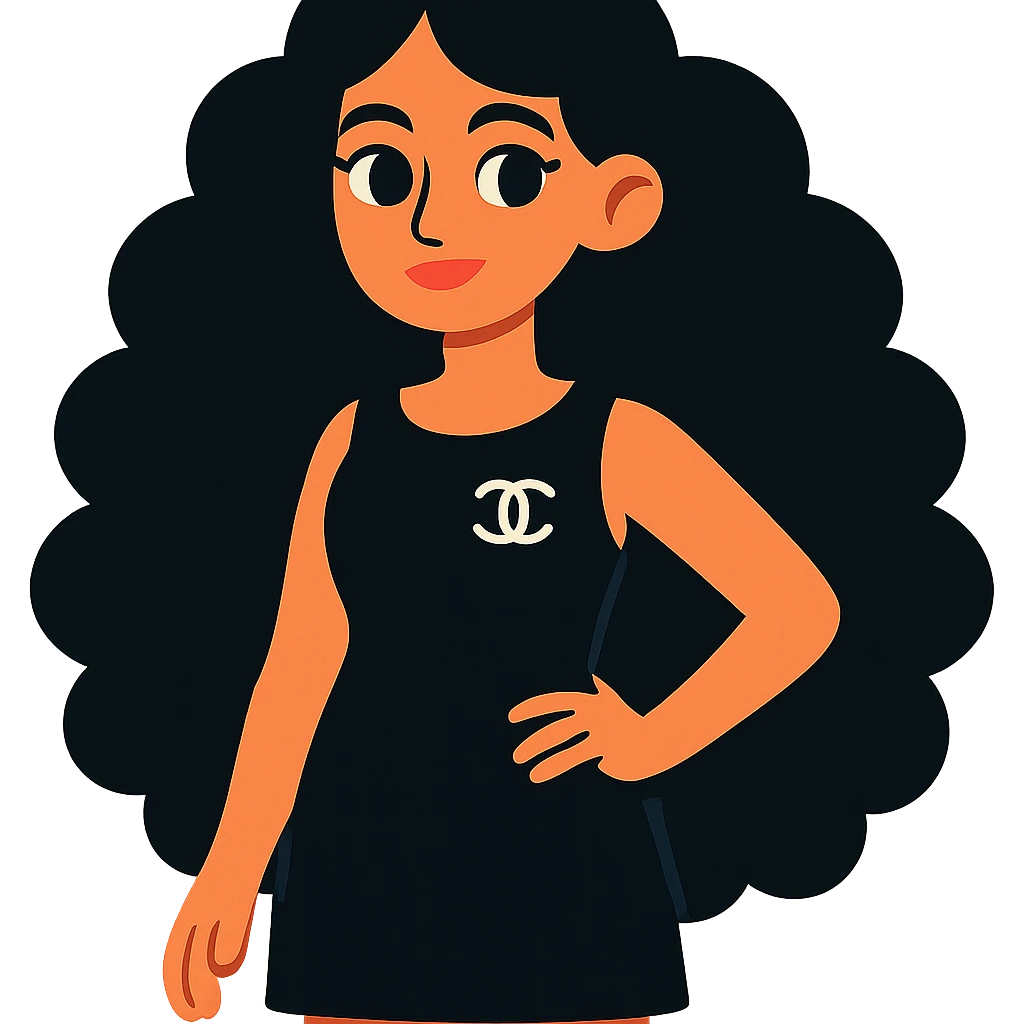 light skin girl with black very long curly hair, brown eyes, black Chanel dress, vibrant toon style emoji
