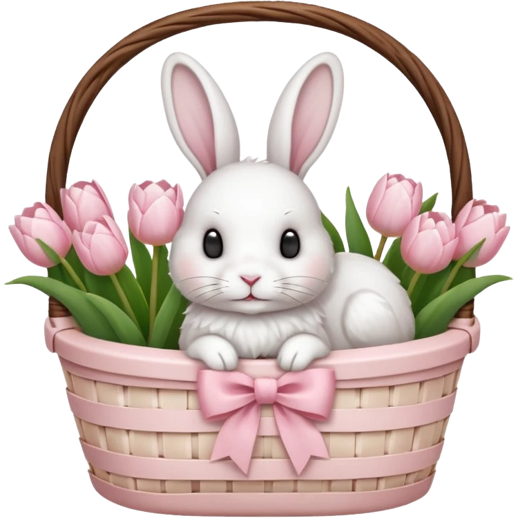A white Picnic basket with light pink bow, white peonie, tulips and a white rabbit inside emoji