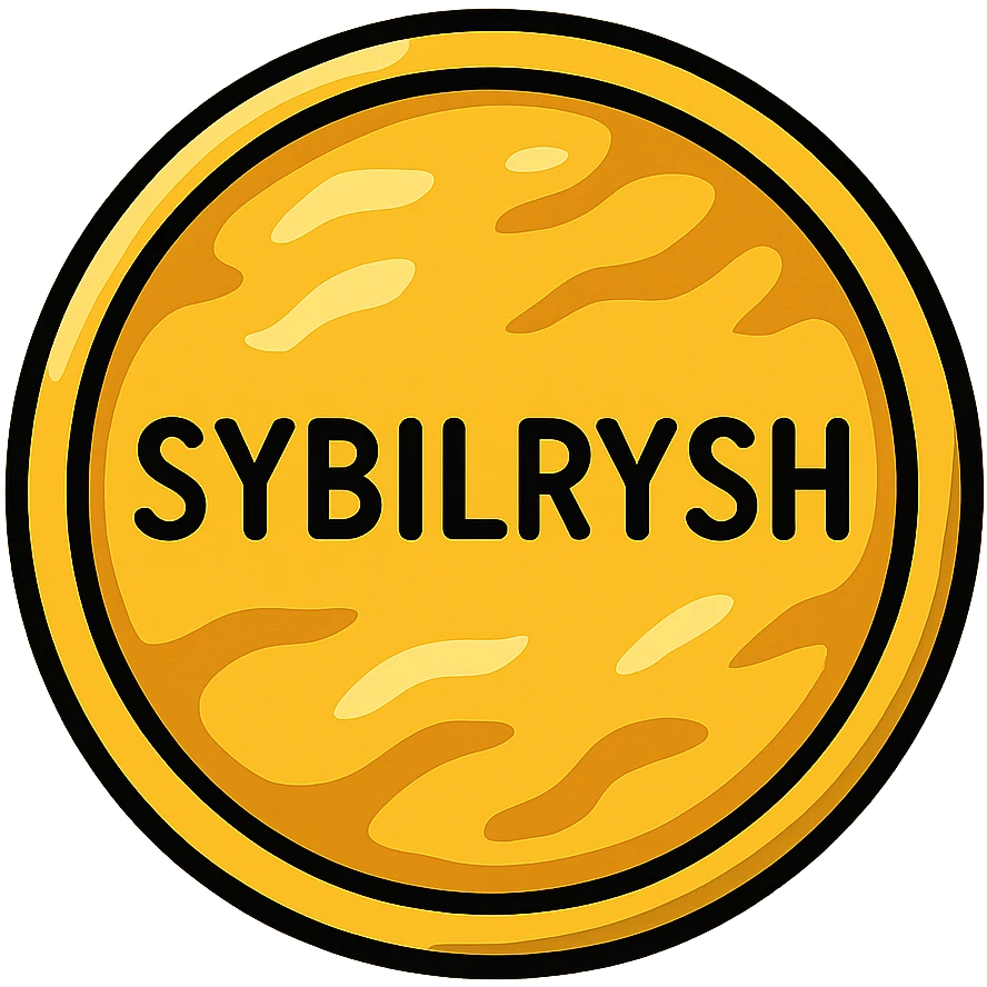 A richly textured gold coin with the text "SYBILRYSH" inscribed in the center. The coin has a raised rim, detailed gold texture with highlights and shadows to show the metallic surface. emoji