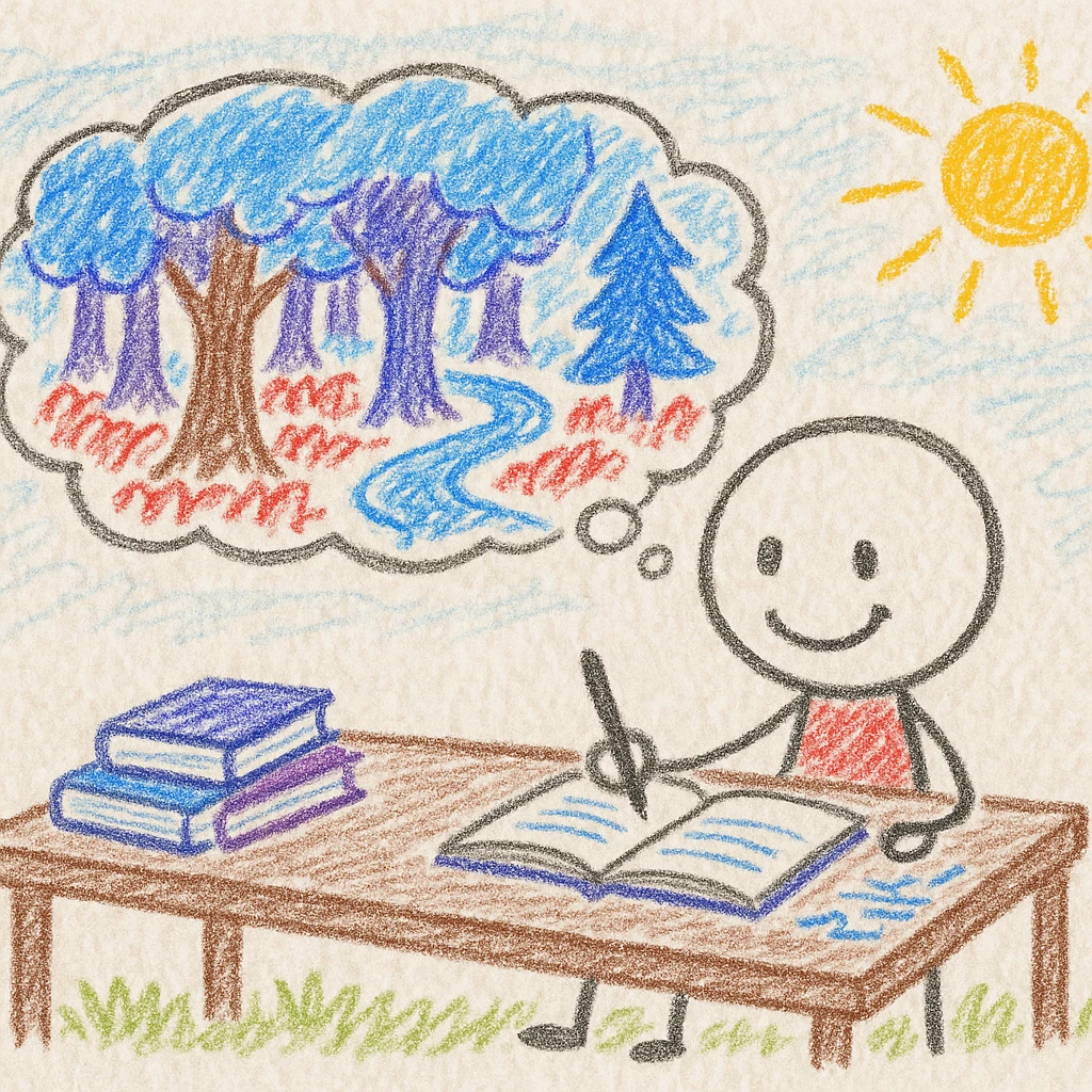 beginning author sitting at a desk with a notebook and a pen, surrounded by books and papers, imagining a magical forest emoji