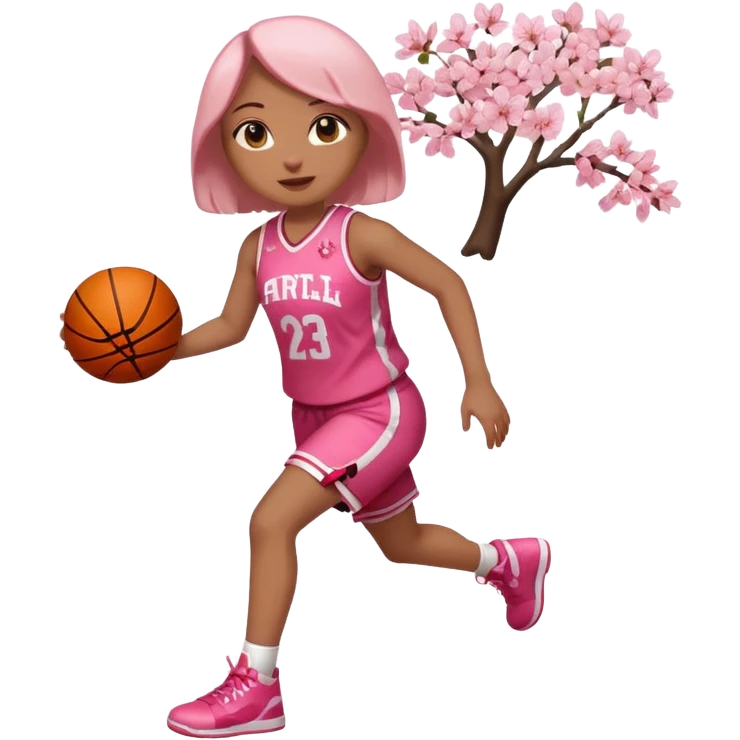 full body apple-style emoji of a basketball girl, April theme cherry blossom energy, jersey with cherry blossom vibe, holding a basketball, no cherry blossom trees or petals emoji