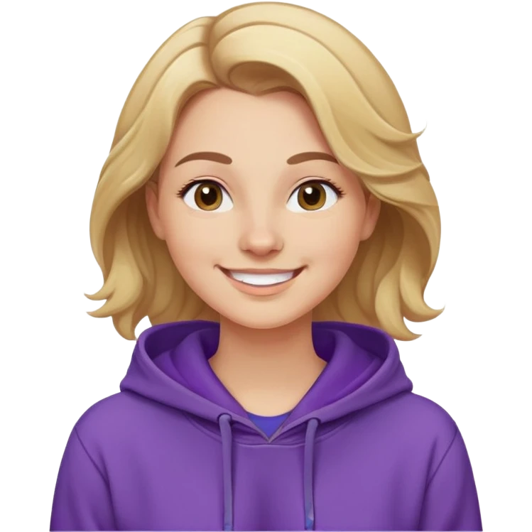 Mujer caucasian, cara redonda, cejas suaves, pelo ondulado castaño claro con puntas rubias, raya al lado. Sonrisa amplia, expresión feliz. Hoodie lila puesta emoji