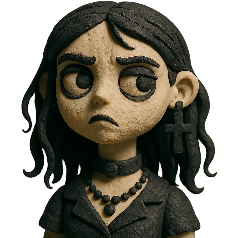 gothic girl, matte clay textures, gothic accessories, whimsical expression, claymation style emoji