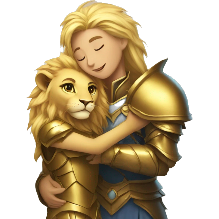 A lion leonin with golden armor hugging a female blonde elf  emoji