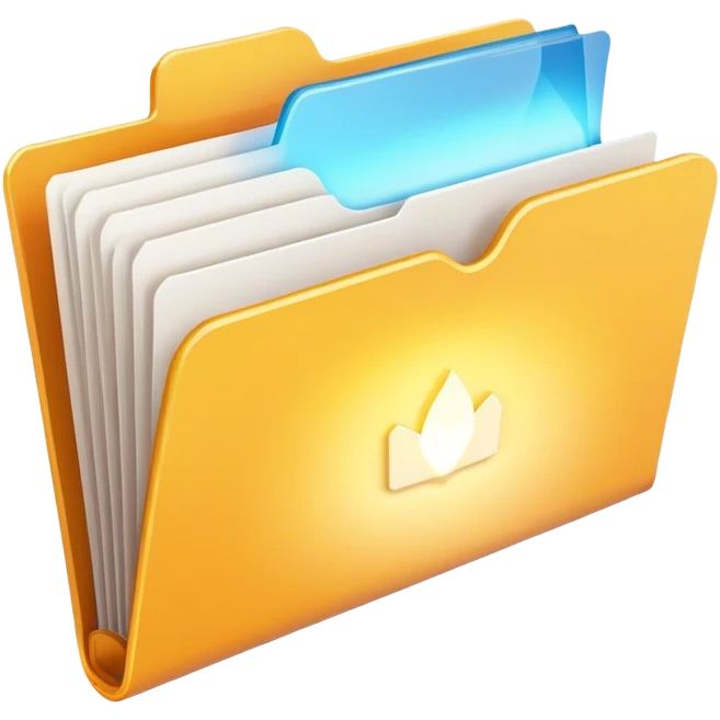 A modern, minimalist flat-style illustration of an open folder with a soft, glowing light emanating from inside.  emoji