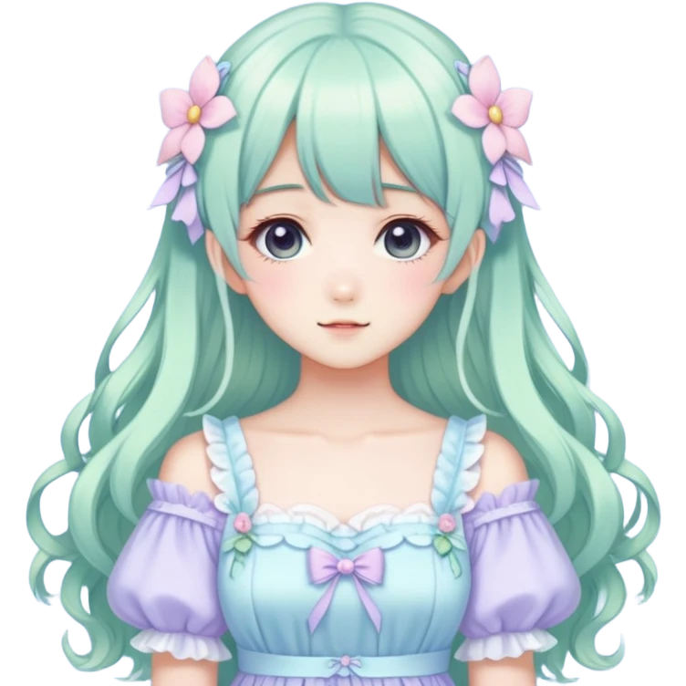 Cute kawaii gorgeous pretty anime pastel lady beautiful hair with gorgeous dress fairycore cottagecore detailed high quality trending aesthetic emoji