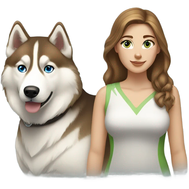 White Woman hair brown and bleus eyes and golden Husky With green eyes emoji
