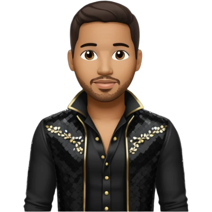 Romeo Santos with dark brown hair, black sequin outfit emoji