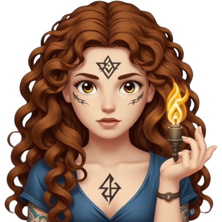 woman with long curly brown hair, brown eyes, white skin, tattoos, raising one eyebrow as a rune lights up “obvious” emoji