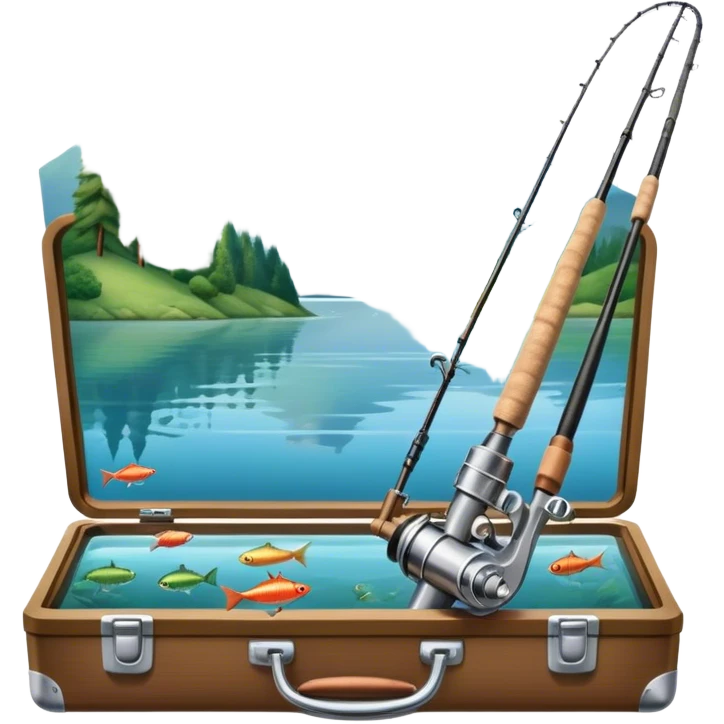 Icon for Fishing Travel: a fishing rod, tackle box and a boat on a calm lake surrounded by mountains and lush greenery, with fish jumping out of the water. The icon should capture the peaceful and adventurous nature of fishing trips. Transparent background. emoji