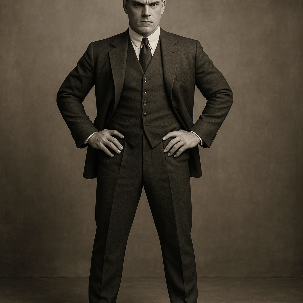 full body Tom Buchanan, 1920s fashion, imposing stance, tailored suit, slick hair, wealthy demeanor emoji