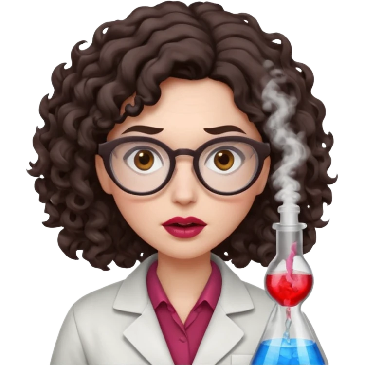A crazy female scientist, with curly-wavy dark brown medium lenght hair, brown eyes and light grey glasses and pale skin and pinkish lips, dressed to look like an english teacher but in neutral tones like grey black white, maybe with the pop of dark red, with no girly colors, she should look mad emoji