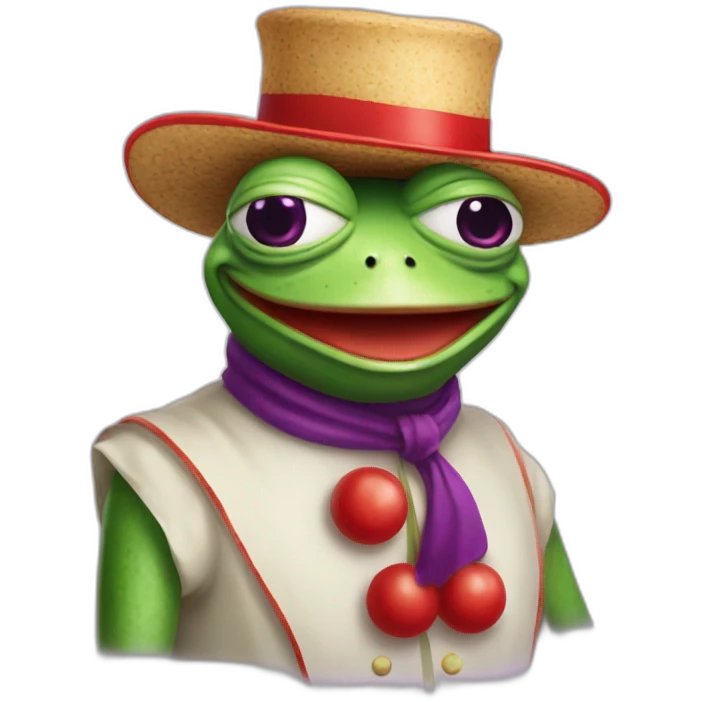 pepe the frog with red clown nose and purple hat and holding a salami emoji