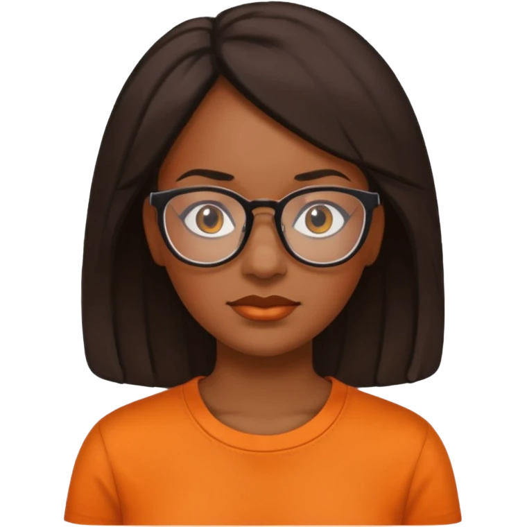 black woman with glasses, no smile and an orange shirt emoji