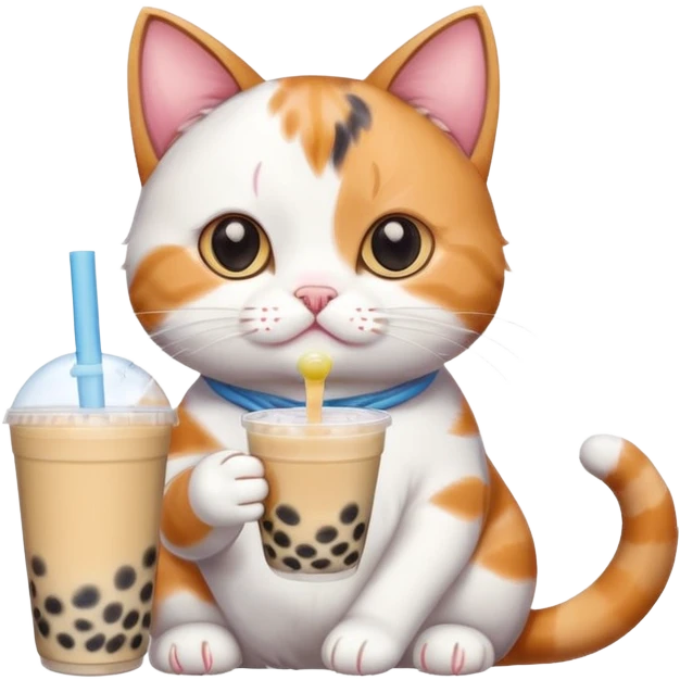cat drinking bubble tea, cat holding bubble tea with both paws, blue background emoji