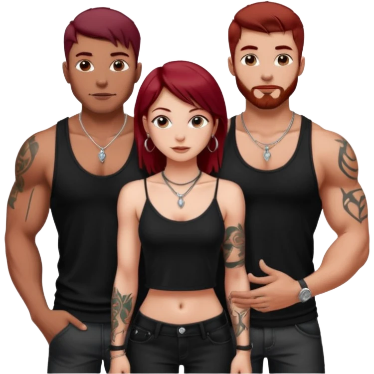 a pretty bratz fair girl with dark red straight hair, black cami top, silver dainty necklaces, rings, hoops, tattoos standing with two handsome lean but muscled guys emoji