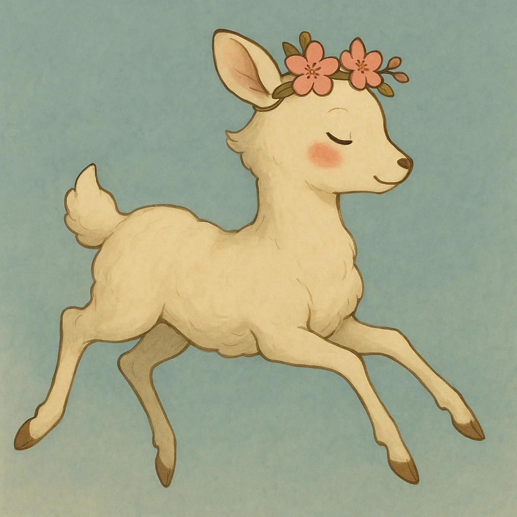 Create a different pose for a feminine adult vanilla cloud doe with rosy cheeks and cherry flowers, floating gracefully, in Ghibli style. This is for brand identity and social media use. emoji