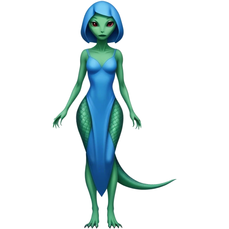 a Reptilian alien woman, full body, in bue dress emoji
