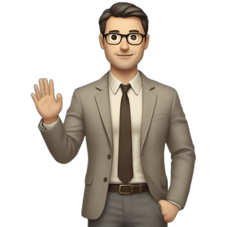Full height Actively gesturing with hands Pale skinned fit man with dark brown hair in gray jacket, beige office shirt, brown tie, brown pants and vintage glasses. emoji