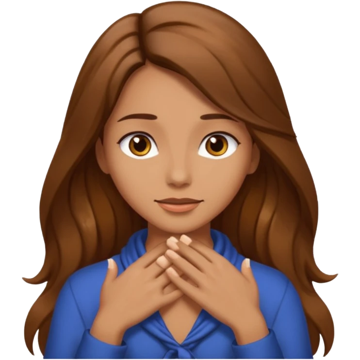women with brown long hair with her hands around her neck. emoji