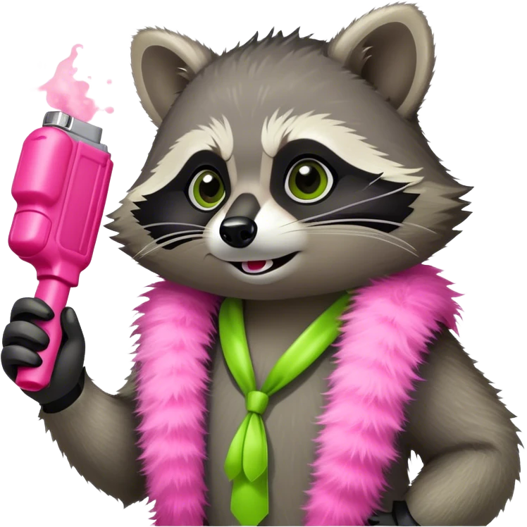 Raccoon wearing a lime green boa holding pink pepper spray emoji