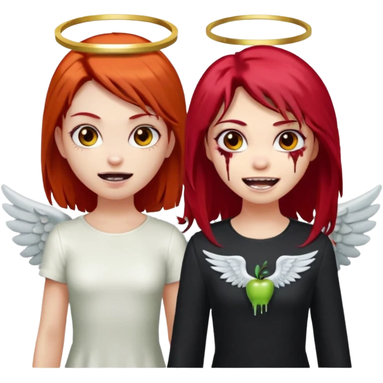девушка ангел с нимбом и крыльями, с рыжими прямыми волосами по плечи, с улыбкой, стоит рядом с девушка зомби с темными длинными прямыми золосами, со злым выражением лица и ровными белыми зубами в стиле Apple avatar emoji