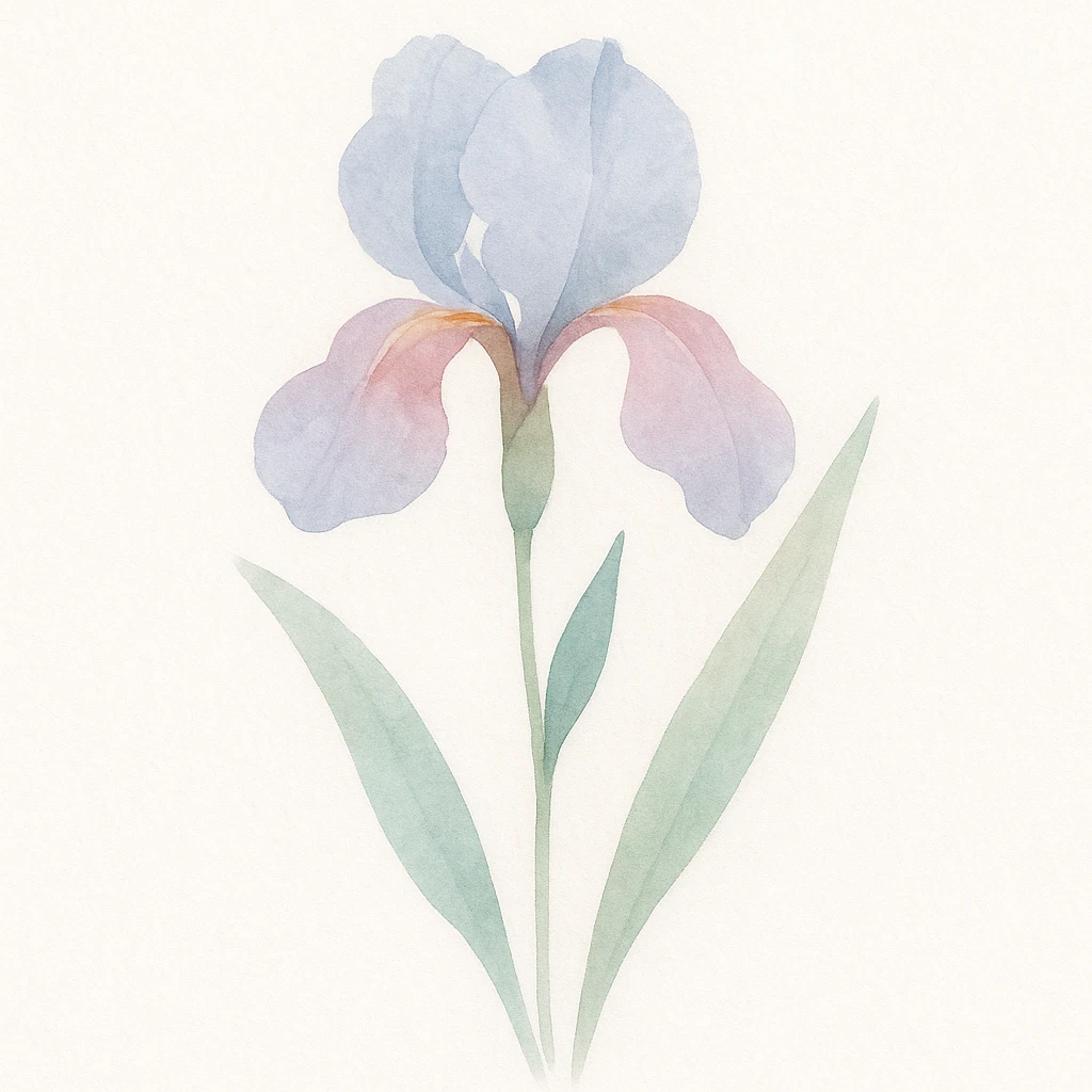 iris flower with stem and leaves, watercolor art style, luminous colors, gentle blending, realistic botanical illustration emoji