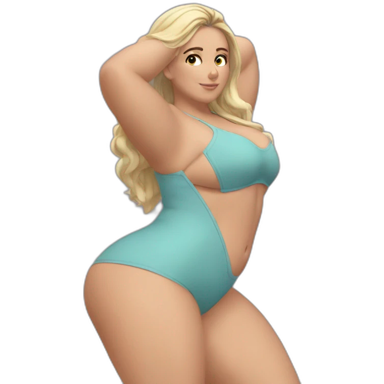 Slim-thicc Caucasian woman small panties hands-in-hair pose (beach body) emoji