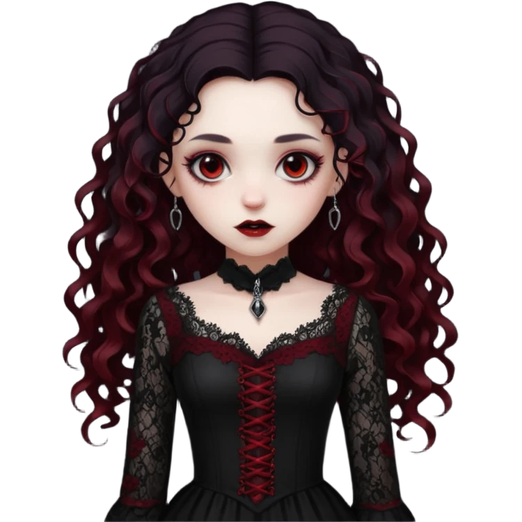 A girl with a dark red goth vampire look in a black goth lace dress with long sleeves longer black curly hair emoji