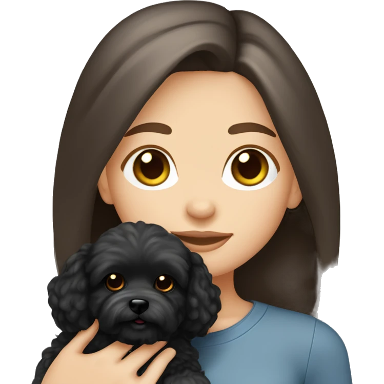 Caucasian Brunette girl long straight hair and hazel eyes, holding a black maltipoo emoji