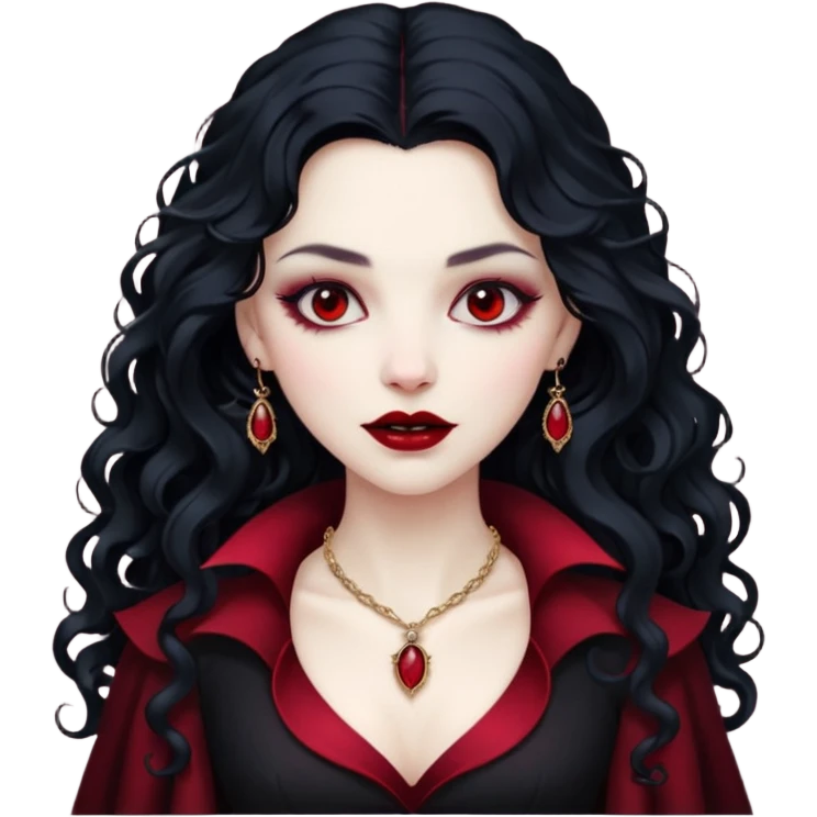 Vampire lady Pale queen with ruby necklace, curly black long hair emoji