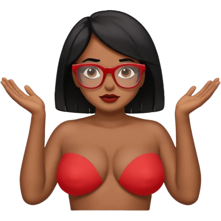 Topless shrug, black hair, red glasses, brown skin, bigger areola  emoji