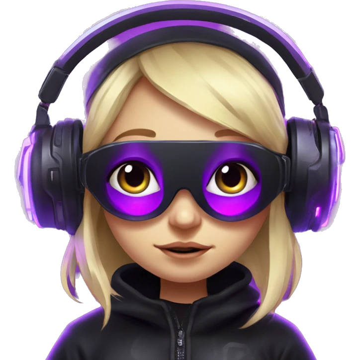 Russian cute blond girl wearing black hoody with violet letters "OMG", in vr headset. Cyberpunk style. Violet neon. emoji