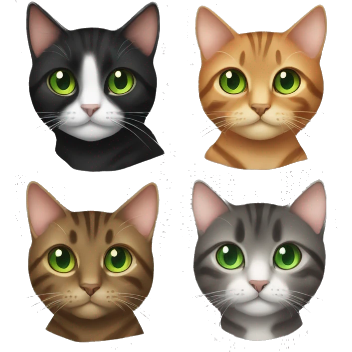 a brown tabby with green eyes, black tuxedo with green eyes, dark brown cat with orange eyes emoji