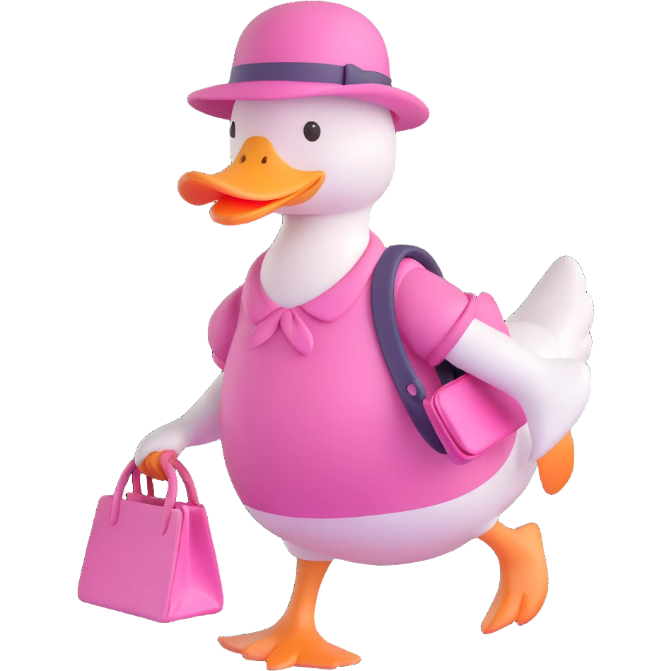 A duck wearing a pink dress, a pink hat, and carrying a pink bag, walking, in a warm, cozy setting emoji