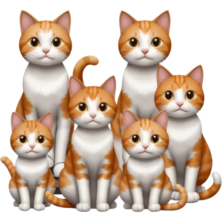 6 cats: 1 small ginger and white, 1 small brown tabby and white, 1 small grey and white, 1 big grey and white, 1 mostly grey with white paws and small white patch on chest and 1 calico emoji