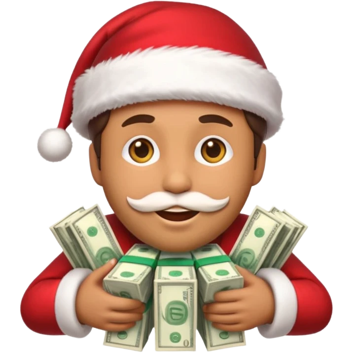 A confident rich emoji face wearing a Santa hat, money stacks, casino vibe, New Year theme, premium 3D emoji style, sharp details, no text, isolated on transparent background emoji