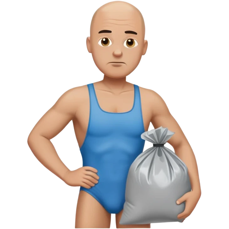 Bald frowning Man in speedo holding trash bags  emoji
