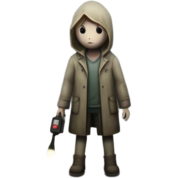 An icon depicting a dark, foggy street with eerie, abandoned buildings, inspired by Silent Hill 2. The design features a mysterious figure holding a flashlight, casting long shadows. A chilling atmosphere is created by dim lighting and unsettling details. Transparent background. emoji