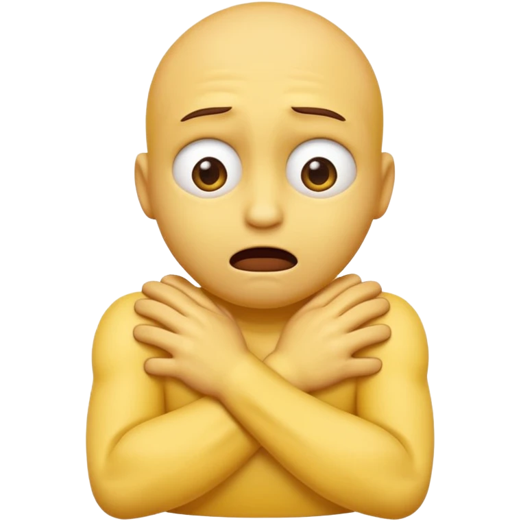 Yellow face emoji strangling itself with 2 arms crossed and hands saround neck and eyes looking up in fear emoji