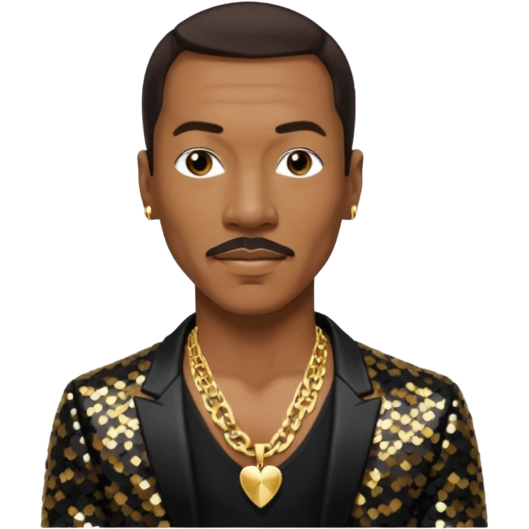 Eddie Murphy with dark brown hair, black sequin jacket, shirtless with necklace emoji