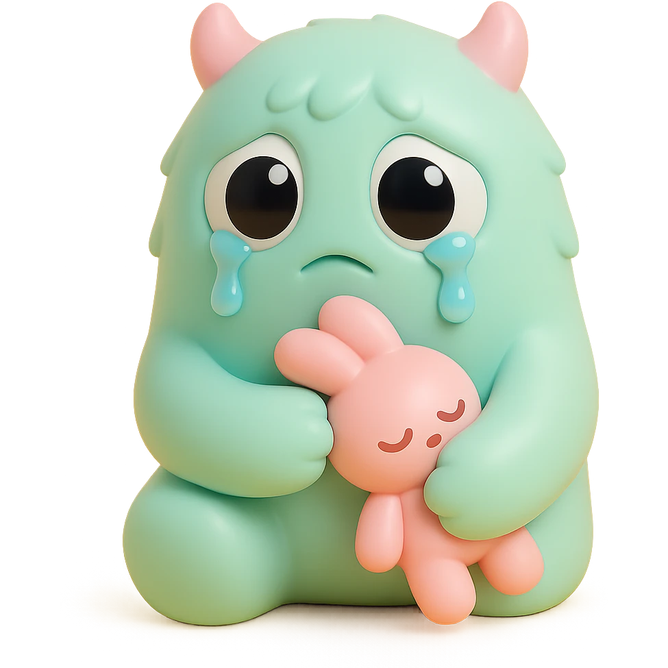 fluffy monster with oversized eyes, tears falling, comforting itself with a plush toy, gentle colors, vinyl figure style emoji