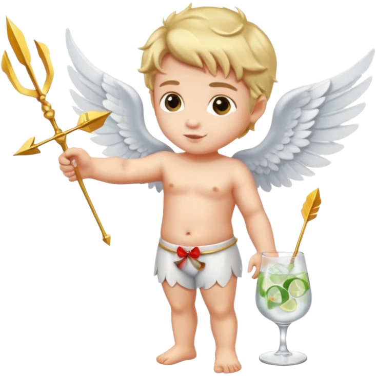 Cupid (with wings) with his arrow in his right hand, mixing a glass of Gin Tonic in his left hand, flyig emoji