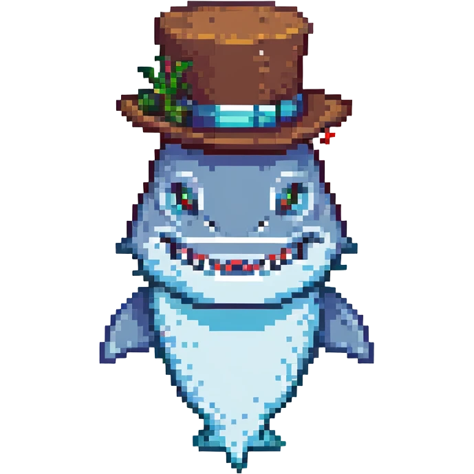 pixel art shark with a fancy tophat, simple style emoji