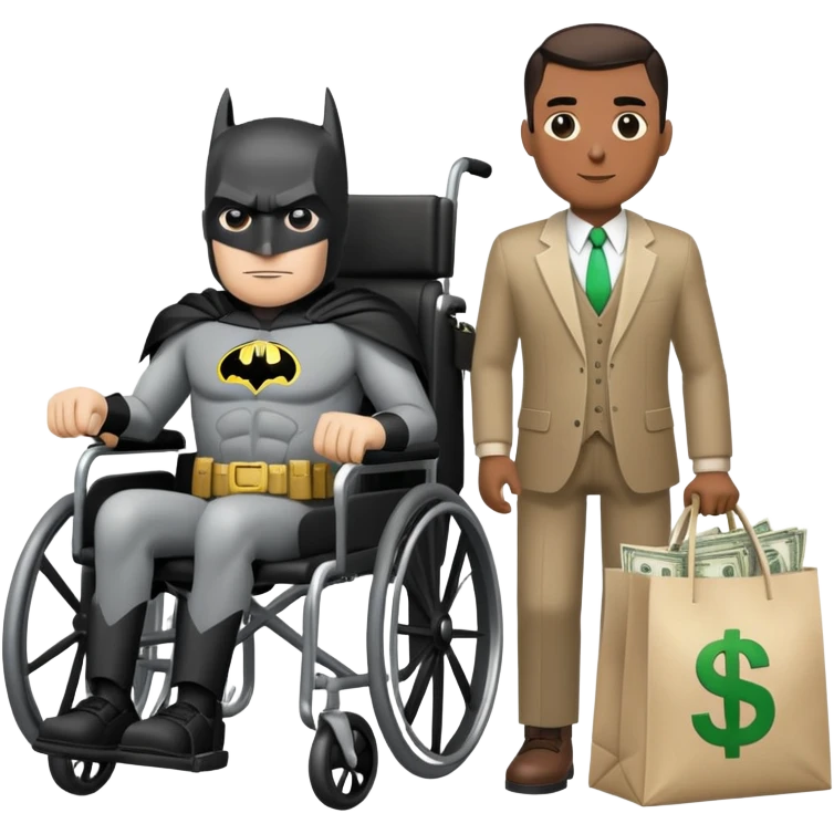 Batman and man in wheelchair with bags of cash behind him emoji