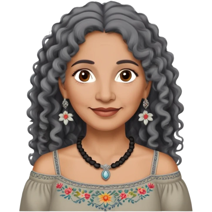 Latina woman, about 55 years old, dark warm brown skin, round soft face, long curly black and gray hair, no headband, medium eyes, thin eyebrows, gentle smile, gray peasant blouse with embroidery, bare shoulders, large dark necklace emoji