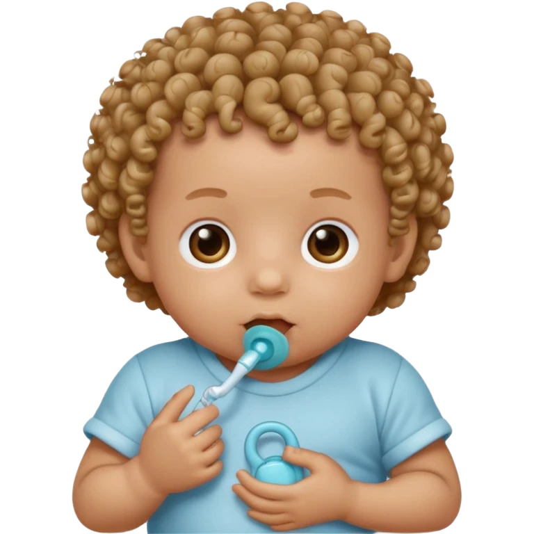Close-up, newborn baby boy, curly hair, pacifier emoji