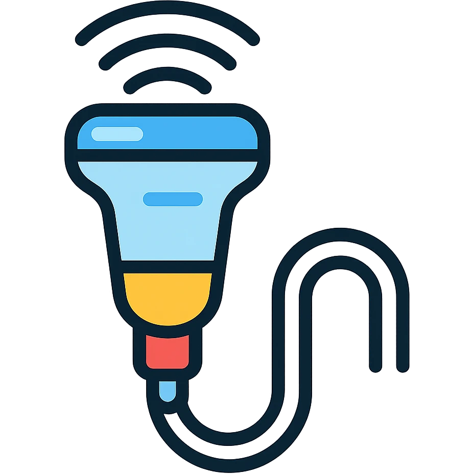 Add blue highlights to the ultrasound probe, keep the color outline icon style, and ensure clear medical device details. emoji