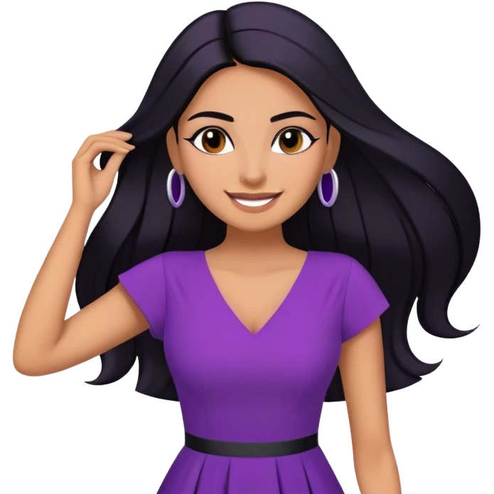 beautiful woman boss, with long straight black hair, with make up, black eye liner, smile, mexican, brown skin, wearing purple dress, she stand up, she replace hair behind her ear emoji