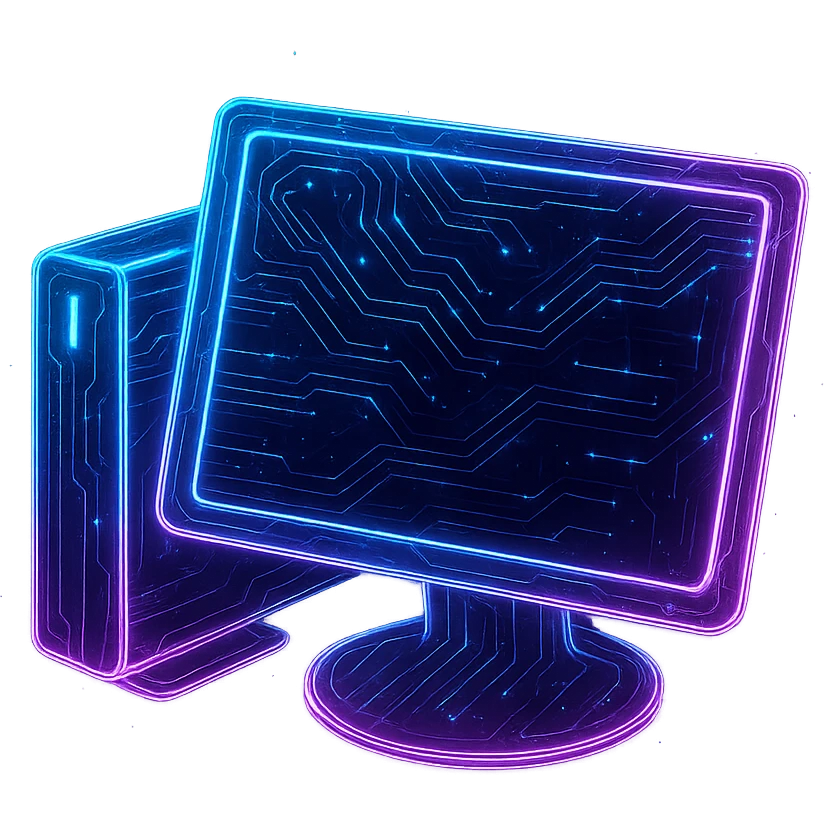 Transform the classic 'My PC' icon into a cyberpunk, holographic style with glowing neon blue and pink edges and circuit patterns throughout the entire icon. Maintain the recognizable desktop computer and monitor shapes, overlaying neon and circuit effects in a consistent futuristic, clean cyberpunk glow style with intricate circuit details. The whole icon should have a transparent background and a consistent cyberpunk glow, similar to previous cyberpunk icons. emoji